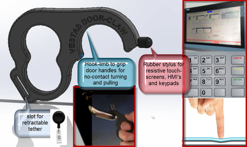 Touchless Door Opener Tool With Tip For Pressing Buttons and Lanyard / Keychain Slot Rubber Stylus Not Included.